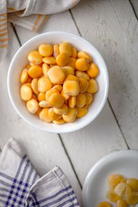 High angle view of eggs in bowl on table