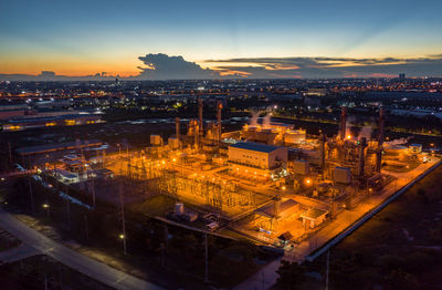 High angle view of illuminated buildings at night