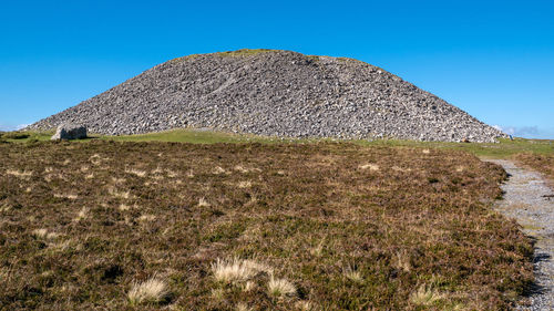 Built structure on field against clear blue sky