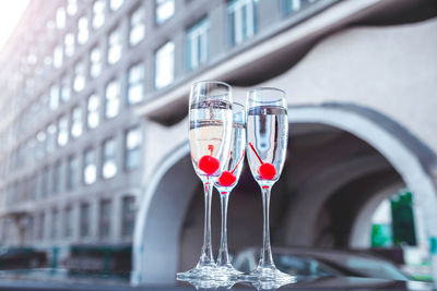 Close-up of red wine glass on table