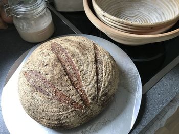 High angle view of bread in jar on table