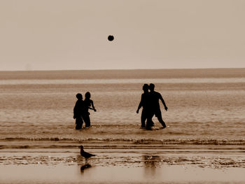 Silhouette people on beach against clear sky