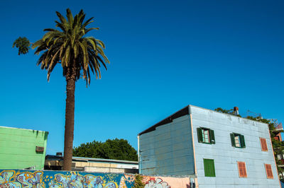 Low angle view of palm trees against clear blue sky