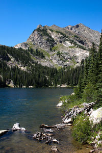 Scenic view of rocky mountains against clear blue sky