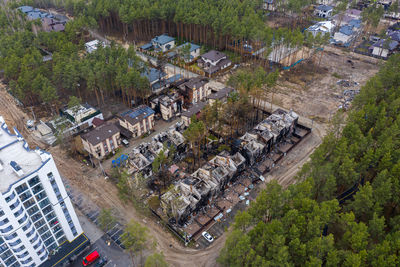 The aerial view of the destroyed and burnt buildings. the buildings were destroyed by rockets.