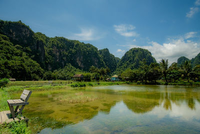 Scenic view of lake by trees against sky