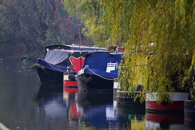 Boat moored on lake against trees