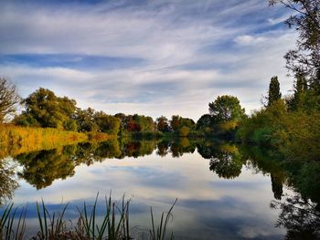 Scenic view of lake by trees against sky