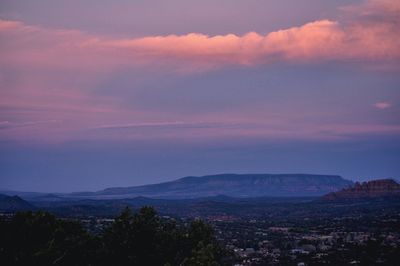 Scenic view of mountains against sky at sunset