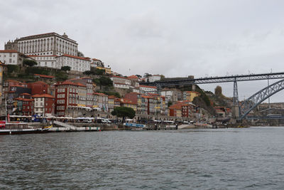 Buildings by river against sky in town