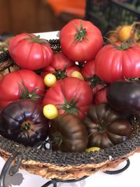 High angle view of tomatoes in basket