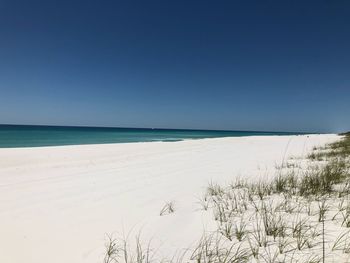 Scenic view of beach against clear blue sky