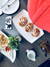 High angle view of breakfast served on table