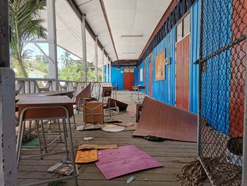 Empty chairs and tables in building