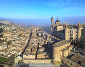 High angle view of buildings in city