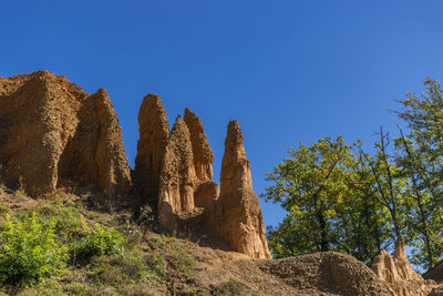 Low angle view of trees against clear blue sky