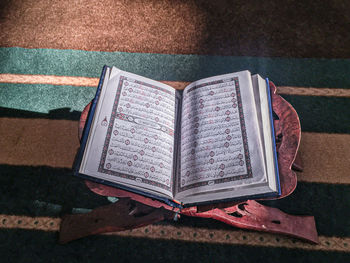 High angle view of text on book