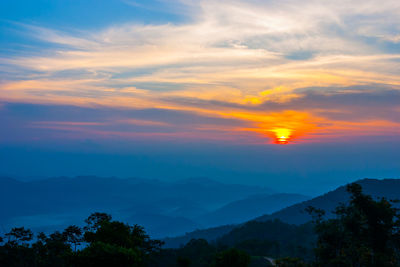 Scenic view of silhouette mountains against sky during sunset