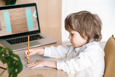 Rear view of boy using mobile phone at home