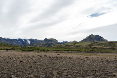 View of amazing landscape in iceland while trekking famous laugavegur trail