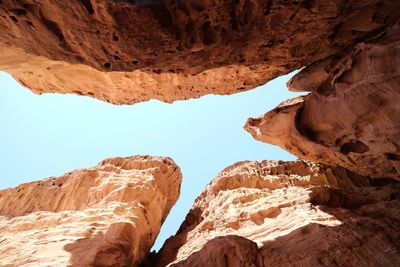 Low angle view of rock formation against clear sky