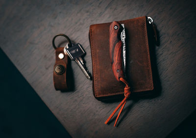 High angle view of leather on table