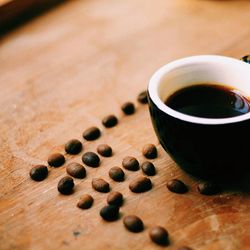 Close-up of coffee cup on wooden table