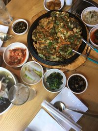 High angle view of meal served on table