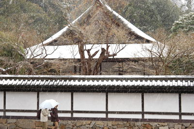 Rear view of men on roof against building