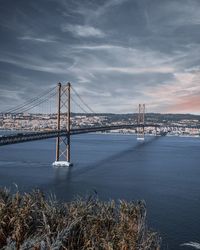 View of suspension bridge over river