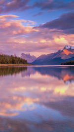 Scenic view of lake against cloudy sky during sunset