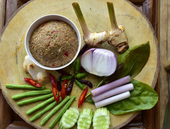 High angle view of vegetables on table