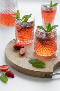 High angle view of fruits in glass on table