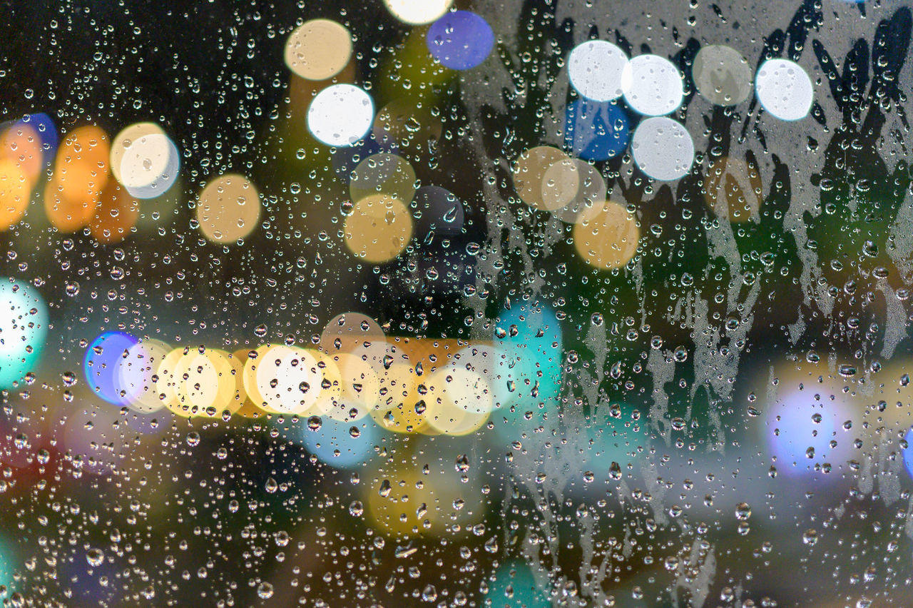 FULL FRAME SHOT OF WET GLASS WINDOW IN RAIN