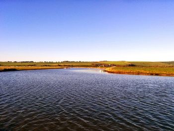 Scenic view of sea against clear blue sky