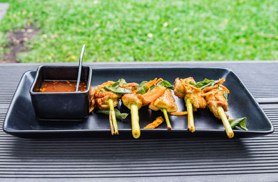 High angle view of seafood on table