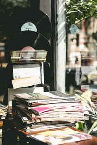 Close-up of books for sale at market stall