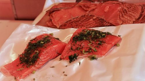 High angle view of fish in plate on table