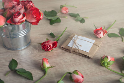 High angle view of rose bouquet on table