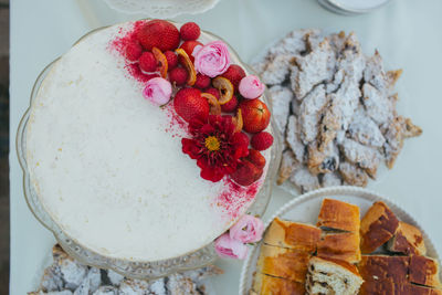 Close-up of strawberry cake on table