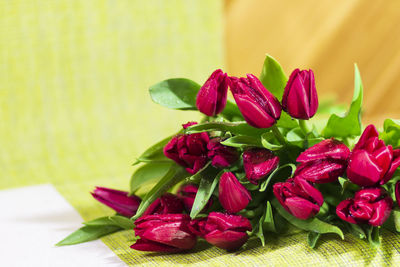 Close-up of red flowers on table