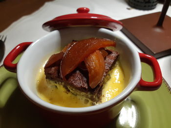 High angle view of soup in bowl on table