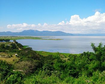 Scenic view of lake against cloudy sky