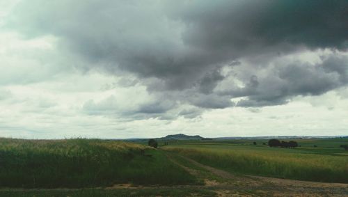 Scenic view of field against cloudy sky