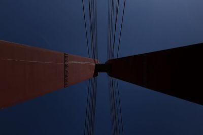 Low angle view of suspension bridge against clear blue sky