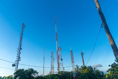 Low angle view of electricity pylon against clear sky