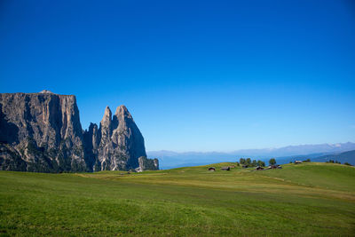 Scenic view of field against clear blue sky