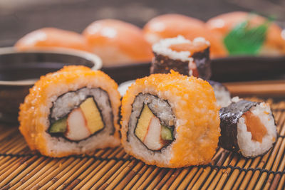 Close-up of sushi served in plate