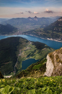 High angle view of lake against sky