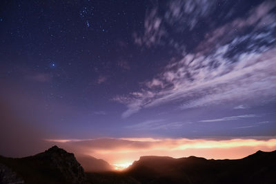 Scenic view of silhouette mountains against sky at night